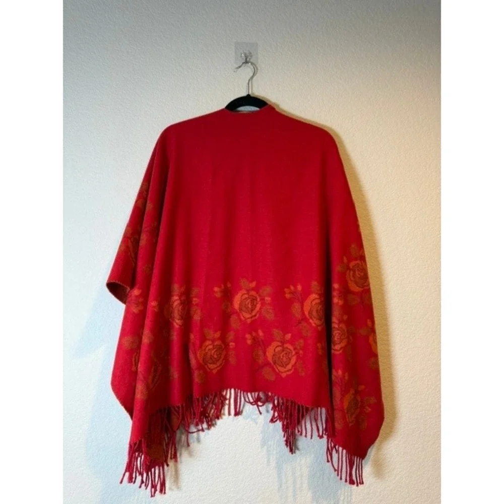 Victoire Mathieu Paris Royalsoft Red Orange Floral Rose Fringe Shawl Wrap France